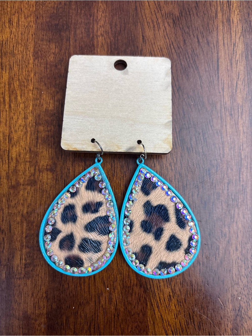Leopard Print Teardrop Earrings with Turquoise Trim